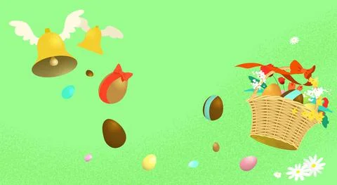 Easter bells with a basket of chocolate eggs Stock Illustration