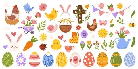 Easter big collection with different elements on theme - painted eggs, bunn.. Illustrazione stock