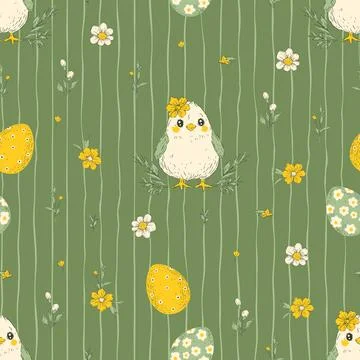 Easter Birds Seamless Pattern Eggs Flowers Stripes Whimsical Handdrawn Bird.. Illustrazione stock