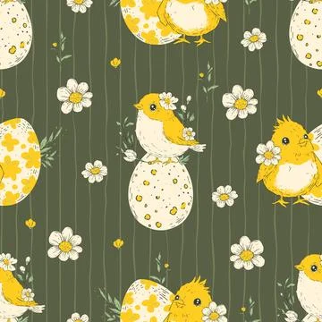 Easter Birds Seamless Pattern Eggs Flowers Stripes Whimsical Handdrawn Bird.. Illustrazione stock