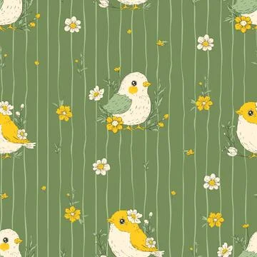 Easter Birds Seamless Pattern Eggs Flowers Stripes Whimsical Handdrawn Bird.. Stock-Illustration