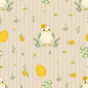 Easter Birds Seamless Pattern Eggs Flowers Stripes Whimsical Handdrawn Bird.. Stock Illustration