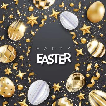 Easter black background with realistic decorated golden eggs, ribbons, star.. Stock Illustration