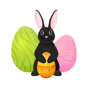 Easter black bunny big paint egg cartoon character Stock Illustration