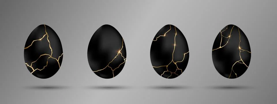 Easter black eggs set. Luxury eggs with different Kintsugi gold thin lines 스톡 일러스트