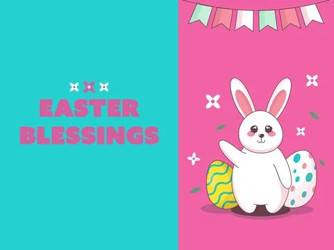 Easter Blessings or Greeting Card with Cartoon Cute Bunny with Painted Eggs.. Stock Illustration