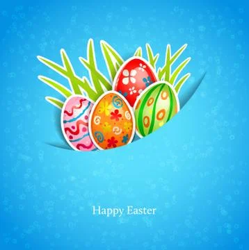 Easter blue background with egg and grass Stock Illustration