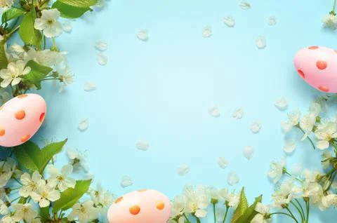 Easter blue background, with eggs Spring concept. Easter Stock Photos
