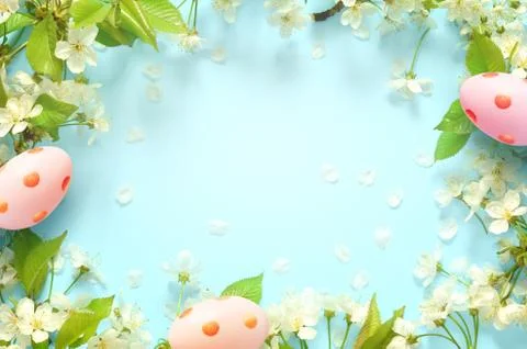 Easter blue background, with eggs Spring concept. Easter Stock Photos