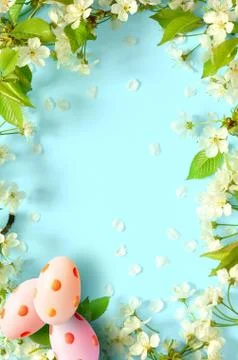 Easter blue background, with eggs Spring concept. Easter Stock Photos