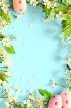 Easter blue background, with eggs Spring concept. Easter Stock Photos