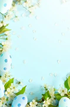 Easter blue background, with eggs Spring concept. Easter Stock Photos
