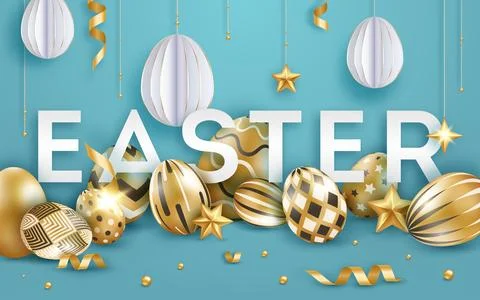 Easter blue background with realistic decorated golden eggs, ribbons, stars.. Stock Illustration