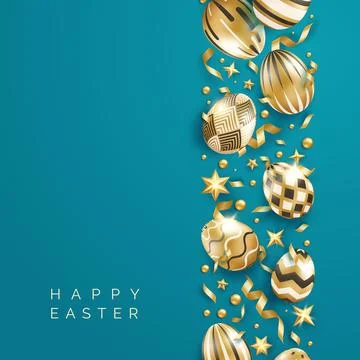 Easter blue background with realistic decorated golden eggs, ribbons, stars.. Stock Illustration