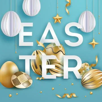 Easter blue background with realistic decorated golden eggs, ribbons, stars.. Stock Illustration