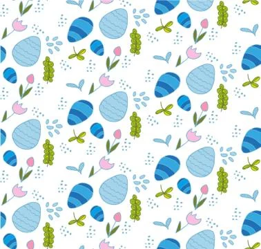 Easter blue eggs and spring flowers doodle style Stock Illustration