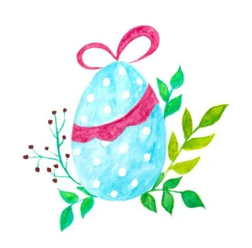 Easter blue polka-dot egg with a pink bow and with green leaves isolated on a Stock Illustration