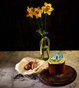 Easter board. Easter cake decorated with cream in the colors of the Ukrainian Stock Photos