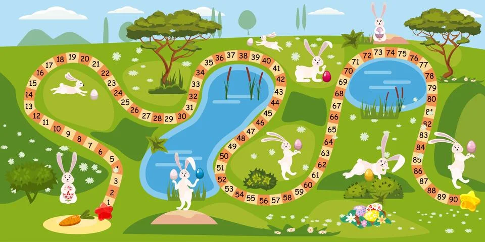 Easter board game for children with funny bunnys, egg hunt Stock Illustration