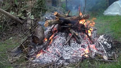 Easter bonfire in the garden . A small log is thrown onto the fire heath . Stock Footage 233595370