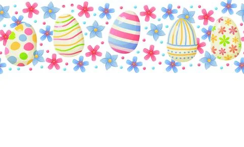 Easter border with eggs, lives and flowers. Spring template. Stock vector ill Stock Illustration