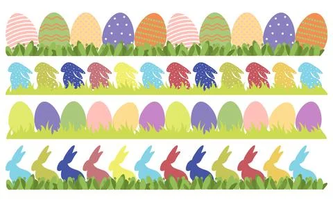 Easter border frames with rabbits and eggs. Banner set with decorated eggs an イラスト素材