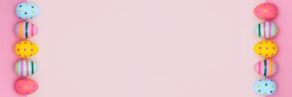 Easter border of vivid Easter eggs on a pink background. Stock Photos