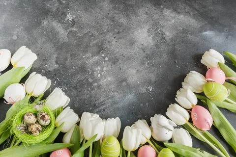 Easter. Border of white tulips, eggs, nest on gray. Space for text. Foto stock