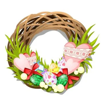 Easter braided wreath of twigs with eggs and hearts isolated on white background Stock Illustration