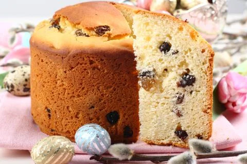 Easter bread and colorful eggs on white background 스톡 사진