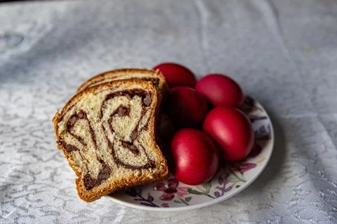 Easter Bread and Dyed Eggs Stock Photos