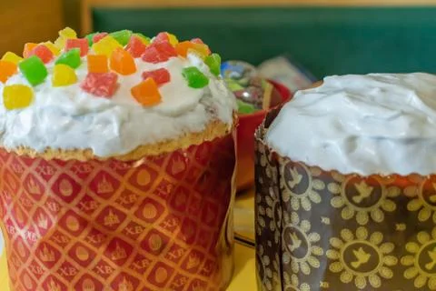 Easter bread and eggs with apple blossom Stock Photos