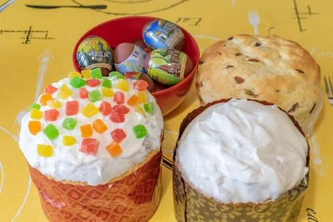 Easter bread and eggs with apple blossom Stock Photos