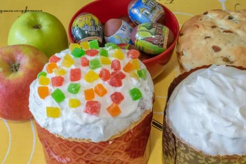 Easter bread and eggs with apple blossom Stock Photos