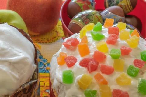 Easter bread and eggs with apple blossom Stock Photos