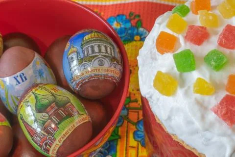 Easter bread and eggs with apple blossom Stock Photos