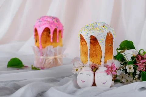 Easter bread and eggs with decorated in colors Stock Photos