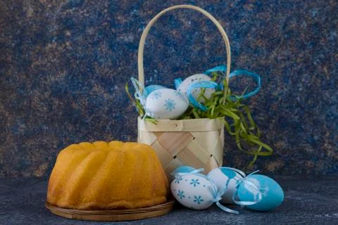 Easter bread and painted Easter eggs 写真素材