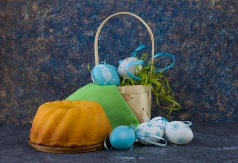 Easter bread and painted Easter eggs Stock Photos
