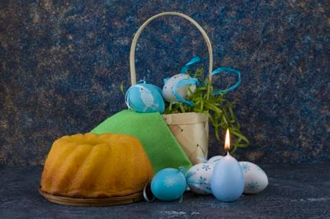 Easter bread and painted Easter eggs Stock Photos