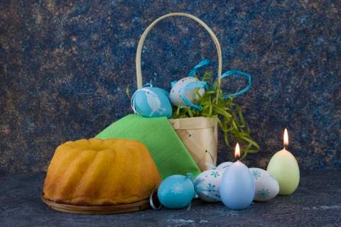 Easter bread and painted Easter eggs Stock Photos