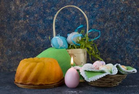 Easter bread and painted Easter eggs 写真素材