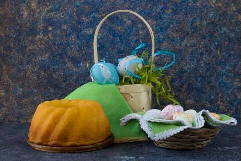 Easter bread and painted Easter eggs 写真素材