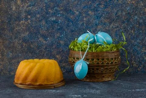 Easter bread and painted Easter eggs Stock Photos
