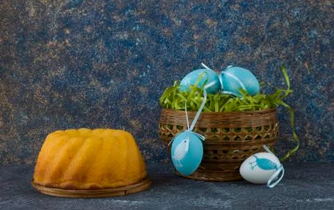 Easter bread and painted Easter eggs 写真素材