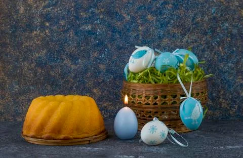 Easter bread and painted Easter eggs Stock Photos