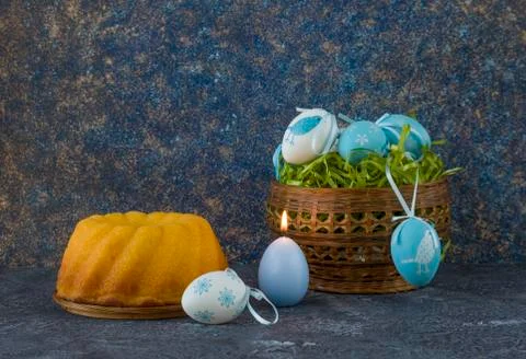 Easter bread and painted Easter eggs 写真素材