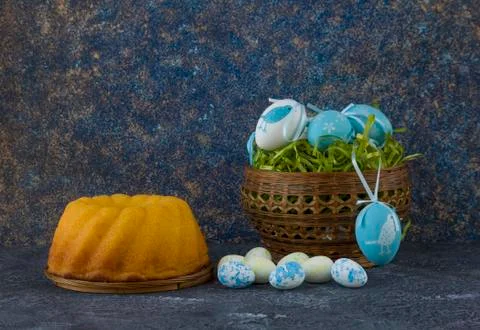 Easter bread and painted Easter eggs Stock Photos
