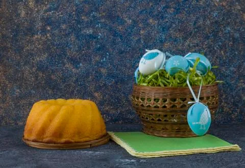 Easter bread and painted Easter eggs Stock Photos