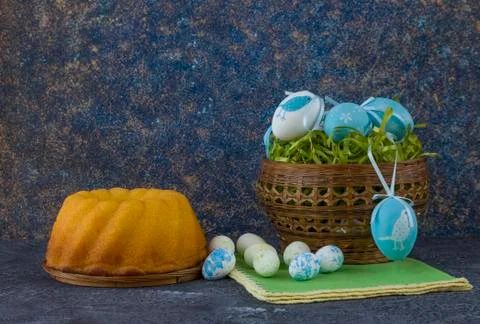 Easter bread and painted Easter eggs Stock Photos